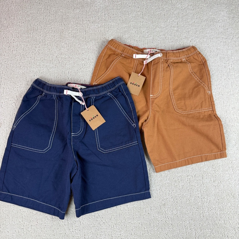 Mini Boden Shorts Kids 11-12Y Navy Brown 2-Pack Canvas Contrast Stitching